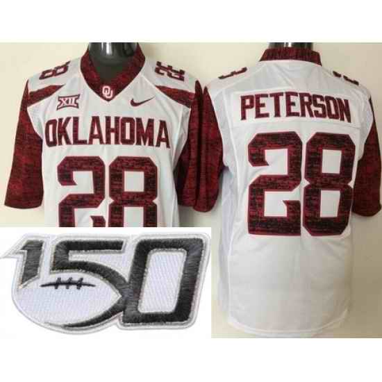 Oklahoma Sooners 28 Adrian Peterson White College Football Stitched 150th Anniversary Patch Jersey